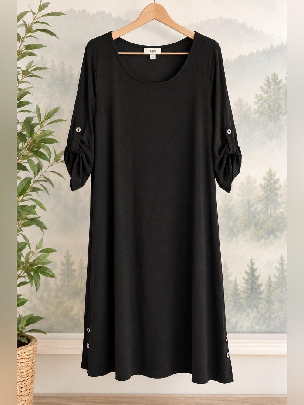 J. Jill Black Dress Roll Tab Sleeve Button Detail